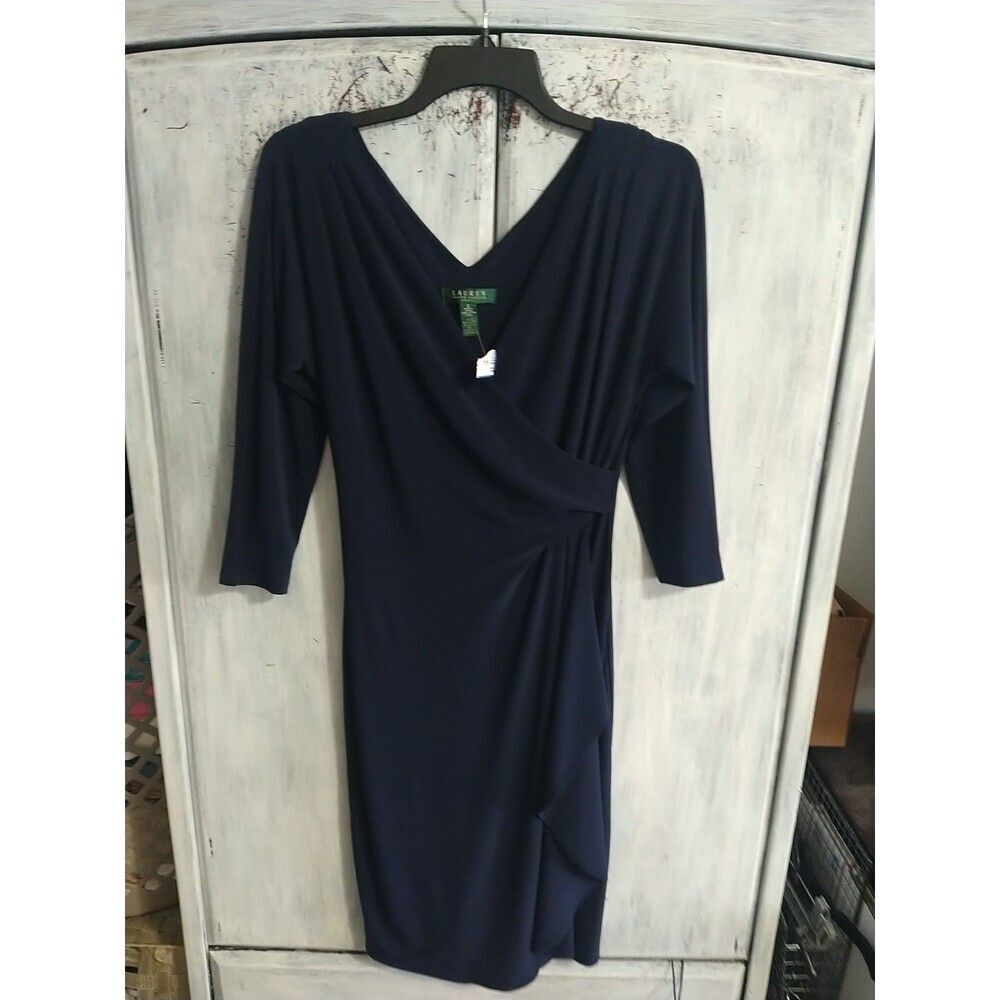 Lauren Ralph Lauren V-neck Knee Dress Blue Size 2 Officey Classic Feminine